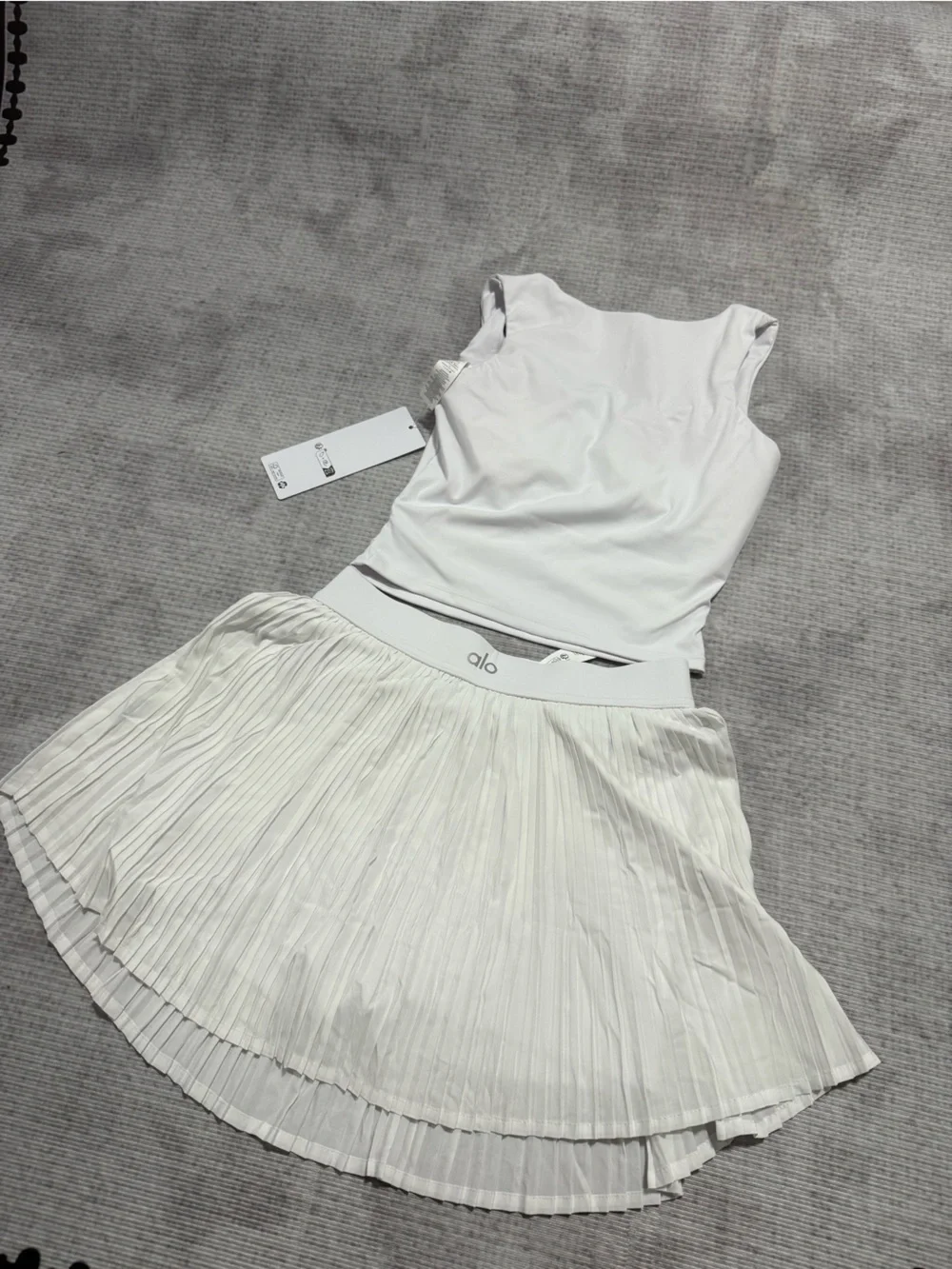 ALO Yoga White Pleated Skater Skirt with Matching White Crop Tank